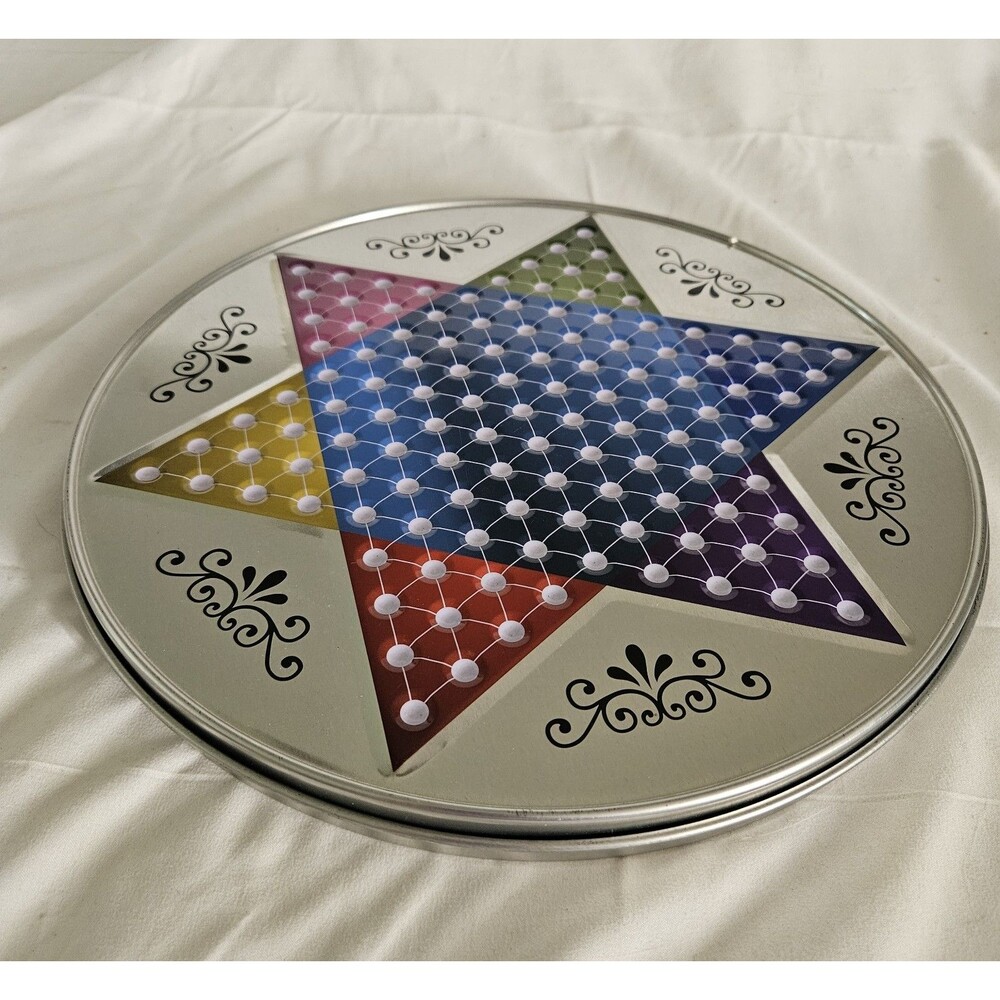 Vintage 11.5" Tin Chinese Checkers Checkerboard Chess Case Complete W All Pieces